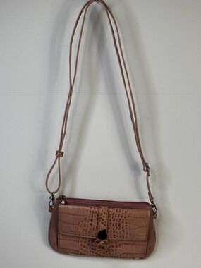 Brighton Croc-Embossed Leather Crossbody Wallet Organizer Dusty Rose Pink